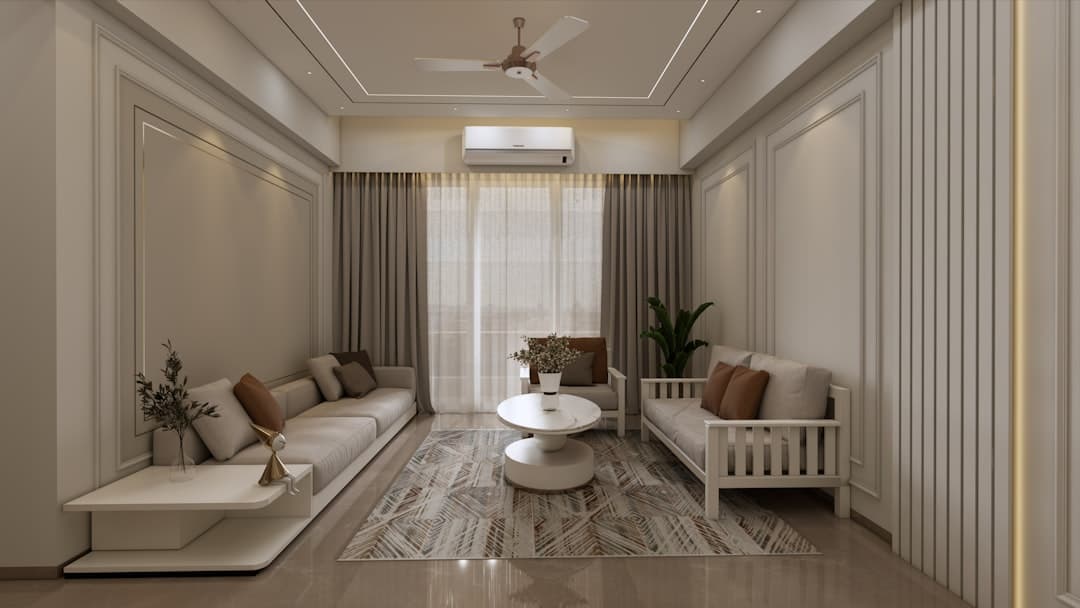 Modern living room with neutral colors and elegant design.